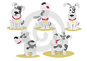 Vector set of funny little dogs, puppy, animal. The dog is sitting, lying, holding a bone, howling, barking, wagging his tail.