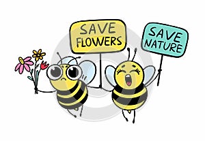 Save the bees - funny bees drawing. Illustration with cute cartoon bees and signboards. photo