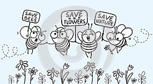 Save the bees - funny bees drawing. Illustration with cute cartoon bees and signboards. photo