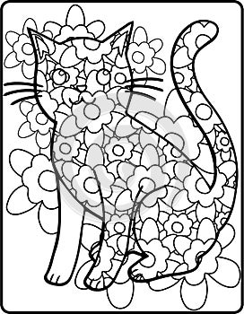 Cute Kitten kitty in flowers coloring page painting sheet for kids and adults