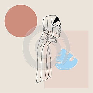 Arabic Hijab Woman. Modern Abstract Fashion Face Muslim Girl perfect for Social Media Templates, Wall Art, Posters. Vector Illustr