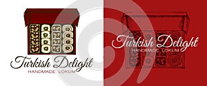 Sketch drawing logo of colorful Turkish Delight in box isolated on white background. Hand drawn lokum with pistachio photo