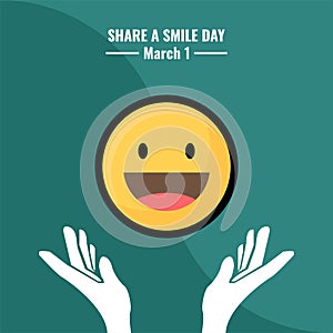 MobileSHARE A SMILE DAY, Poster or Banner Design, Hands icon and laughing emoticon. Simple vector illustration.