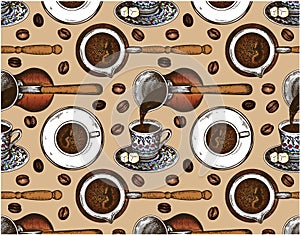 Sketch hand drawn pattern of Turkish coffee and coffee beans isolated on brown background.