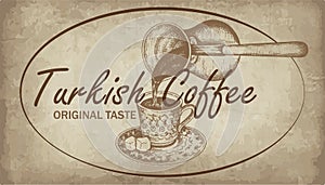 Sketch drawing logo of Turkish black coffee pouring from cezve into cup isolated on vintage background.