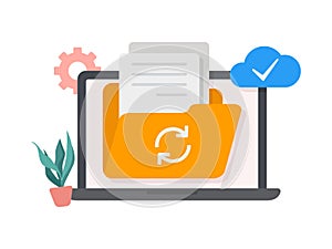 File folder documents on laptop transfer illustration.
