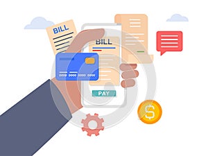 Hand holding mobile with paying bills invoice, Payment of utility, bank, restaurant and other bill
