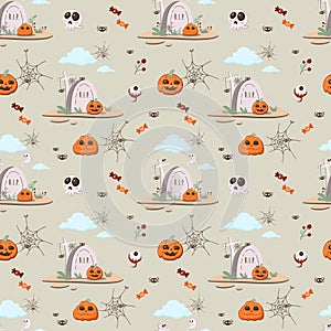 Halloween scene. Seamless pattern. Vector set of halloween characters