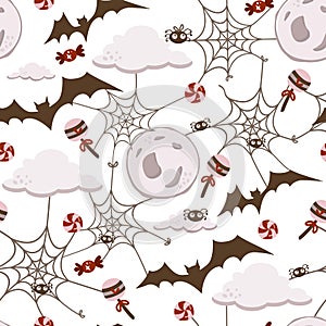 Cobwebs, spiders, moon, clouds, sweet food, candies, lollipops. Seamless background for Halloween