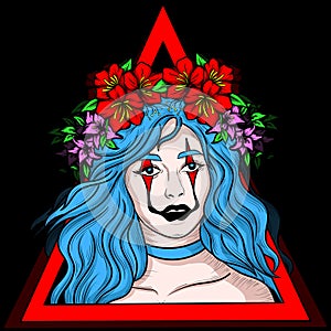 illustration art tshirt blue hair girl with flower crown