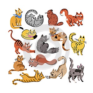 Cute and funny cats doodle set. Cartoon cat or kitten characters design collection with flat color in different poses.