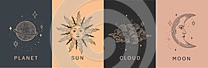Set of linear vector illustrations. Hand drawn celestial illustrations featuring sun, moon, planet, clouds.