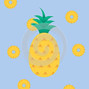 Whole and slice pineapple on blue background