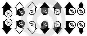 Set of black and white percentage arrows. Increase and decrease, growth and reduce concept