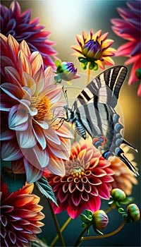 A Zebra Swallowtail butterfly and dahlias flower