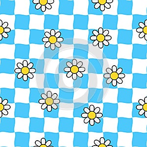 Cute seamless daisy flower pattern with checkered background