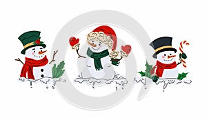 Set funny snowmen. Christmas character for cards, posters, prints. Frame or border with snowman. Festive decor photo