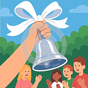 A bell in the hands of a child as a symbol of the end of the school year.