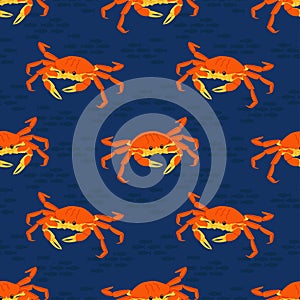 Seamless pattern red cartoon crab on dark blue ocean background. For kids product, fabric, textiles and packaging or covers