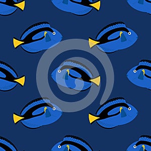 Blue surgeonfish. Pattern with tropical fish on blue background. For textiles, wallpapers and packaging, postcards or covers