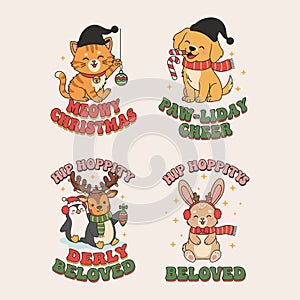 Cute Christmas Animals Holiday Vector Set with Festive Sayings