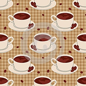 Pattern with coffee cups and coffee beans on warm brown checkered background