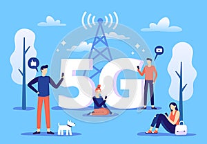 Mobile 5g connection. People with smartphones use high speed internet, fifth generation network and coverage zone vector