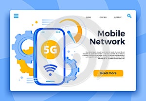Mobile 5G network landing page. Communication system, cellular connection and fast internet for smartphone vector illustration