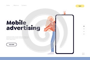 Mobile advertising landing page design template with happy excited woman pointing at screen