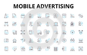 Mobile advertising linear icons set. Impressions, Clicks, Conversions, Targeting, Engagement, Geolocation