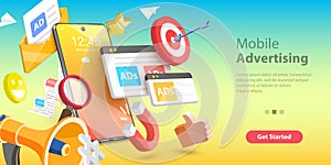 Mobile Advertising, Social Media Campaign, Digital Marketing. 3D Vector Illustration.