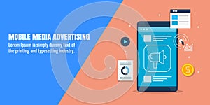 Mobile advertising, social media promotion, paid marketing, digital media, content marketing concept. Flat design vector banner.