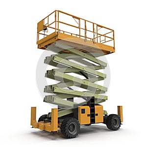 Mobile aerial work platform - Yellow scissor hydraulic self propelled lift on a white. 3D illustration