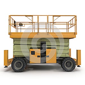 Mobile aerial work platform - Yellow scissor hydraulic self propelled lift on a white. Side view. 3D illustration