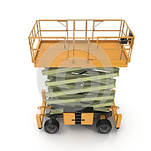 Mobile aerial work platform - Yellow scissor hydraulic self propelled lift on a white. Side view. 3D illustration