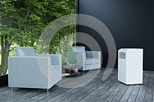 Mobile air conditioner in dark room with white armchair 3d