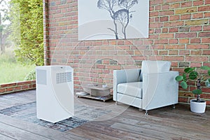 Mobile air conditioner in a room with a window and armchairs 3d