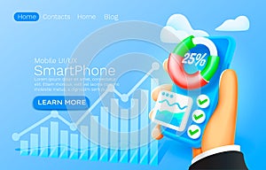 Mobile analysis app, chart finance diagram, web site banner design. Vector