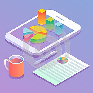 Mobile analytics concept flat vector illustration. Isometric smartphone with pie chart and bar graph on screen.