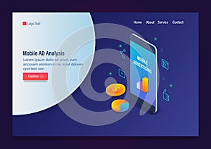Mobile analytics, marketing and advertising data analysis, 3d style isometric design template with icons and text.
