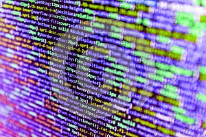 Mobile app building. Programming code abstract background screen of software. Programming of Internet website. Shallow depth of