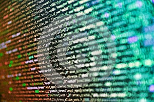 Mobile app building. Tensorflow AI concept. Programming code abstract screen of software developer. Coding css on mornitor at the