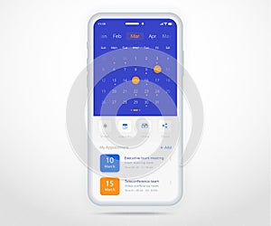 Mobile app calendar planner concept, Appointment calendar template UI UX, Smartphone calendar schedule agenda annual planning meet