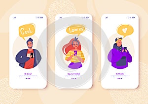 Mobile app page, screen set. Concept for website on social media, surfing internet, online chats and friends theme.