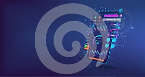 Mobile App with colored design. Creation of a mobile application. Mockup UI and presentation App. 3D realistic gadget