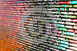 Mobile app concept. Creative Js HTML5 closeup set on background. Source abstract algorithm concept. Closeup developing programming