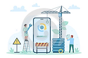 Mobile app design development, tiny people building application interface with crane