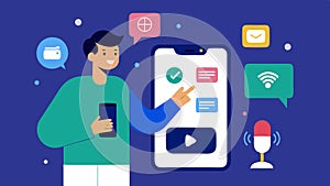 Mobile App Design A VUI designer creating a mobile app interface that integrates voice commands with symbols of a photo