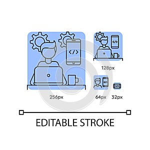 Mobile app developer blue linear icons set
