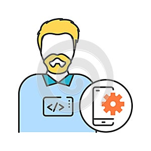 Mobile app developer color line icon. The software engineer is engaged in testing and programming applications. Icon for web page